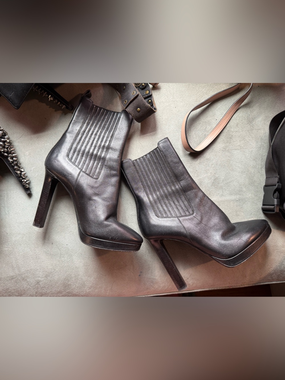 Saint Laurent Black Leather High-Heel Chelsea Booties with Platform